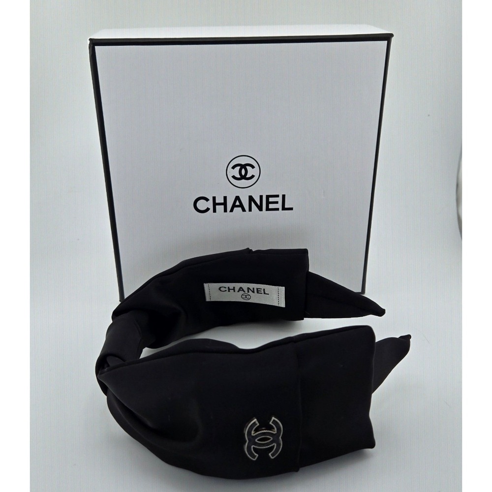 Chanel Black Silk Knotted Turban Headband Silver CC Logo with Box and Card